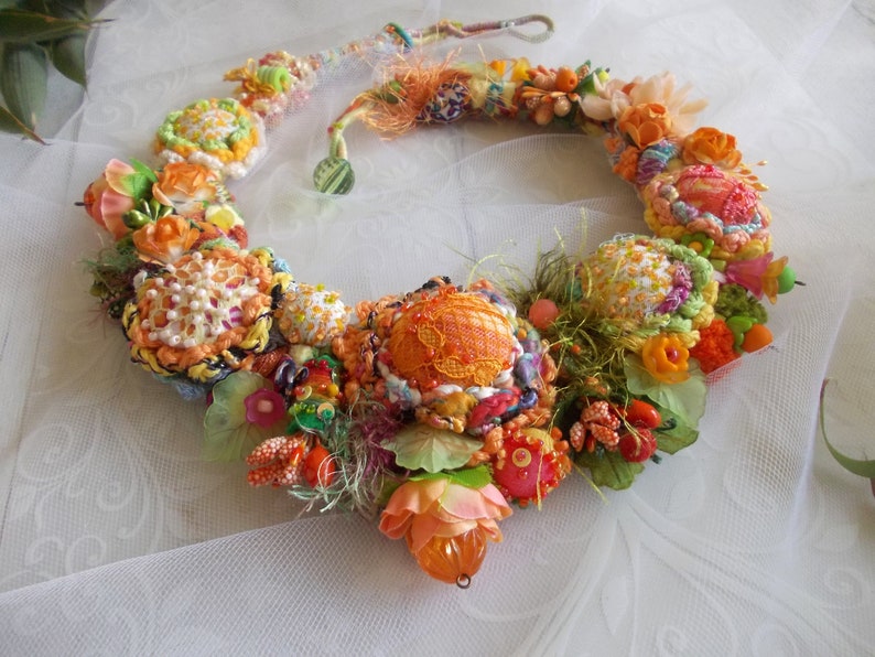 Summer flower fairy orange green fabric bib necklace crochet chunky floral jewelry fiber art boho lace fabric yarn beads spring gift image 9