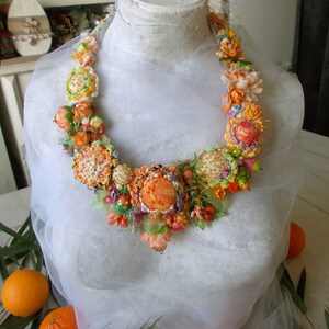 Summer flower fairy orange green fabric bib necklace crochet chunky floral jewelry fiber art boho lace fabric yarn beads spring gift image 3