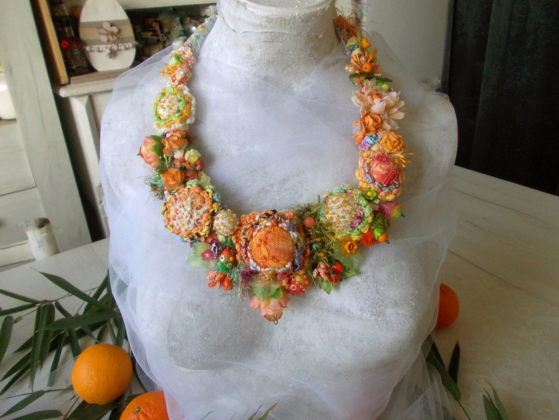 Summer flower fairy orange green fabric bib necklace crochet chunky floral jewelry fiber art boho lace fabric yarn beads spring gift image 3