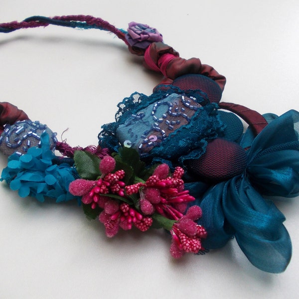 Night In Provence...Vintage textile necklace...OOAK...Attractive Statement Necklace...Sewing Flower Necklace...Beads, Handmaded Buttons.