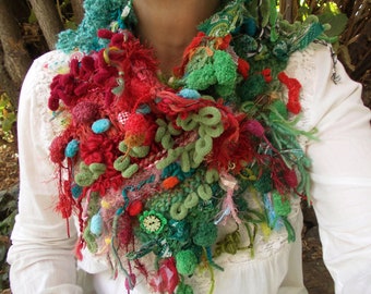 Christmas Pin Scarf and GIFT earrings Green red teal blue pale pink colorful fringe knit scarf pin brooch patchwork neck warmer pom pom