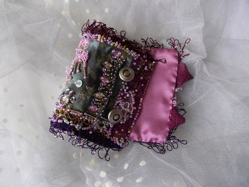 Burgundy pink collage wrist cuff hand beaded manually stitched image 5