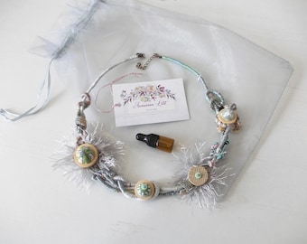 Oil Diffuser Necklace Sage Green & Silver Gray, Fiber Art Wearable Art Collar, Hand Painted Wooden Beads Boho Choker, Crochet and Linen
