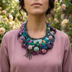 Olieverspreider Boho slabbetje, draagbare kunst aromatherapie ketting, gehaakte verfijnde statement sieraden, handgeschilderde ambachtelijke kraal