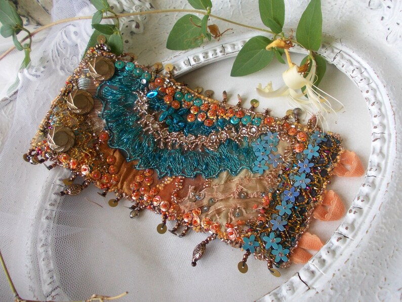 Manually stitched hand beaded collage wrist cuff bohemian image 1