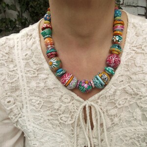 Unique Hand Painted colorful rainbow wood beads necklace yellow pink teal blue green Leather cord statement jewelry boho fashion ethno gift image 9