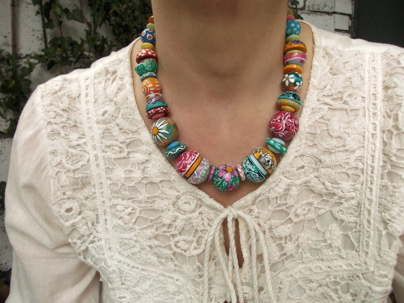 Unique Hand Painted colorful rainbow wood beads necklace yellow pink teal blue green Leather cord statement jewelry boho fashion ethno gift image 9
