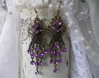 Purple zircons chandelier earrings... oriental earrings, bronze vintage style statement long rustic earrings.