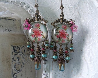 Rose garden cabochon dangle earrings antique bronze wedding floral vintage style drop flower earrings romantic femminine gift jewelry