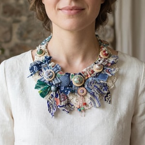 Textile Statement Necklace with Wood Diffuser Beads, Denim and Lace Boho Bib Choker, Mixed Media Wearable Art, Hand Painted Wooden Beads