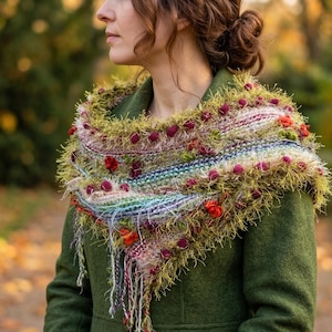 Handmade Knit Boho Scarf & GIFT Earrings, Gradient Yarn Pom Pom Shawl