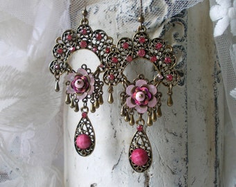 Pink zircons chandelier earrings flower drops filigree vintage bronze elegant oriental dangle femminine boho romantic floral gift  fashion