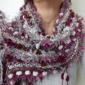 White gray burgundy pink brown pom pom scarf winter accessories hand knit boho neck warmer Christmas gift for her colorful fringe shawl