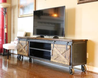 Media Cart Console Metal Tv Cabinet Vintage Industrial Etsy