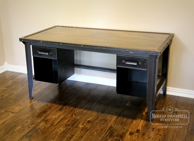 Mid-century Homework Vintage Office Modern Industrial Retro Vintage Riveted Top with Bookcase drawers Machinist Tool Desk