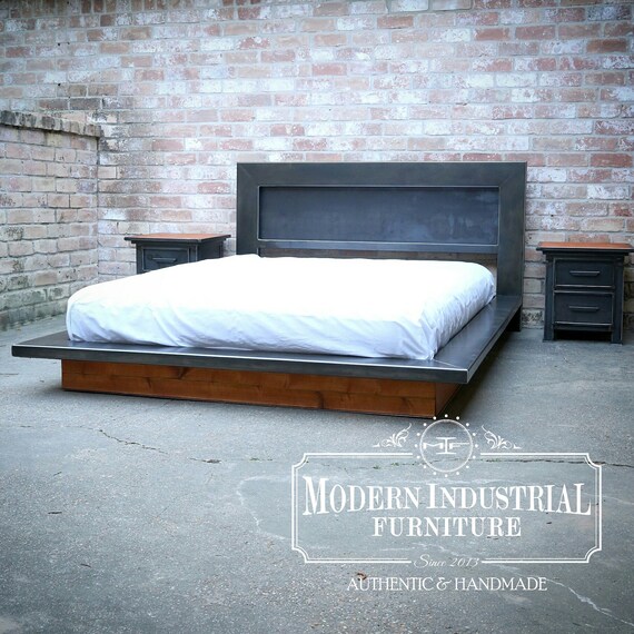 Modern Platform Bed Metal Industrial Headboard Low Profile Steel Wood Accents