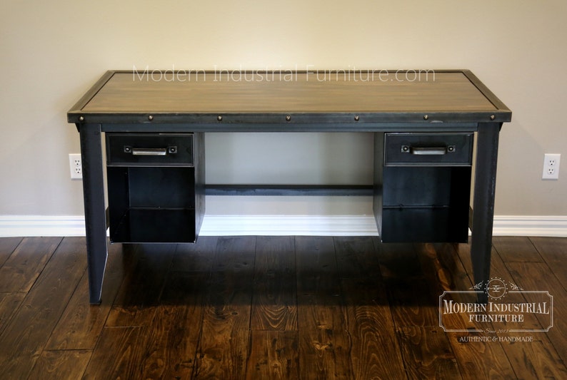 Mid-century Homework Vintage Office Modern Industrial Retro Vintage Riveted Top with Bookcase drawers Machinist Tool Desk