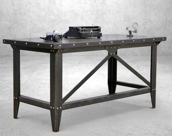 Machinist Tool Desk with brace and steel framed wood top