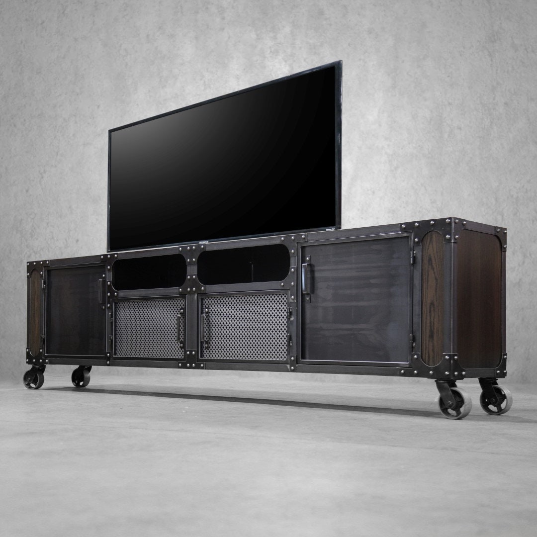 120 in Anvil Industrial Media Console 2 piece Industrial Furniture TV Stand Cabinet Vintage Entertainment Center Audio Etsy