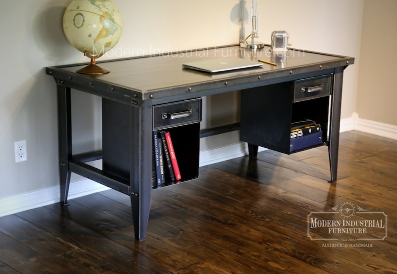 Mid-century Homework Vintage Office Modern Industrial Retro Vintage Riveted Top with Bookcase drawers Machinist Tool Desk