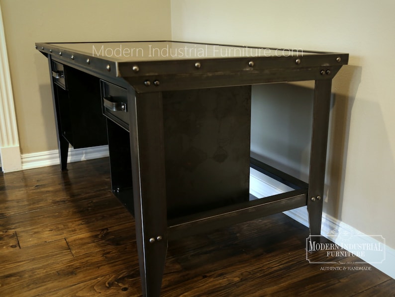 Mid-century Homework Vintage Office Modern Industrial Retro Vintage Riveted Top with Bookcase drawers Machinist Tool Desk