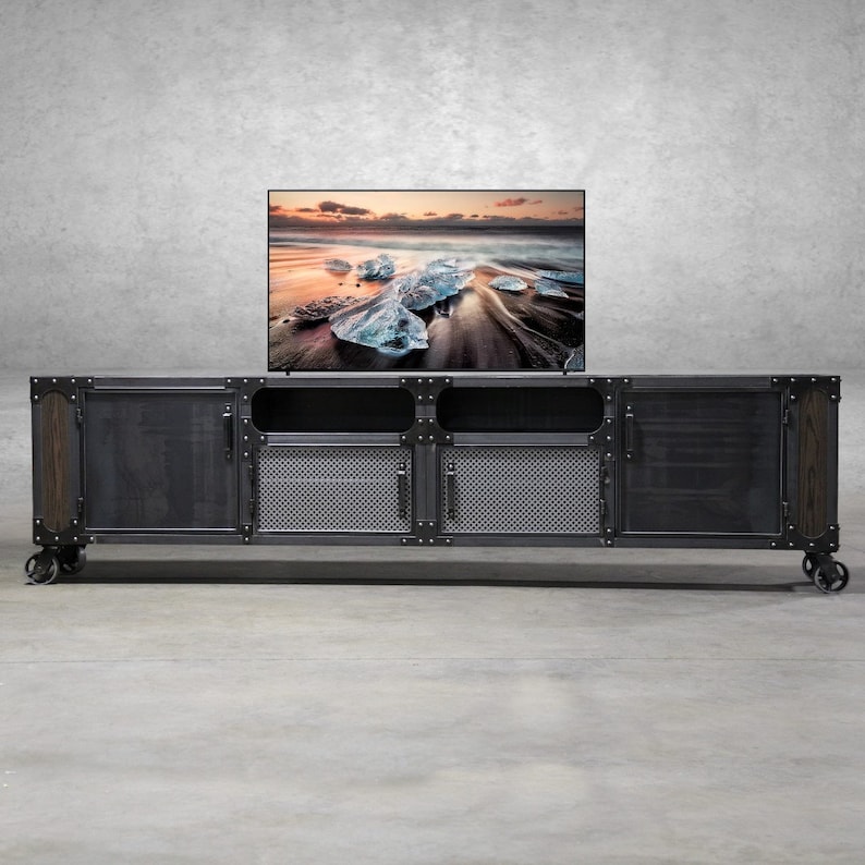 120-in Anvil Industrial Media Console 2-piece Industrial Furniture TV Stand Cabinet Vintage Entertainment Center Audio image 2