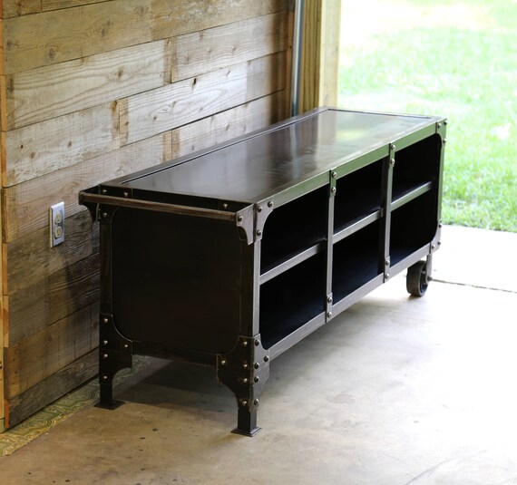 Media Cart Console Metal Tv Cabinet Vintage Industrial Etsy