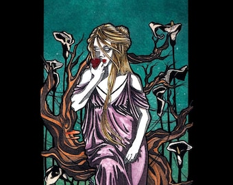 Greek Mythology ~ Persephone~ Skulls ~ Funeral Flowers ~ Pomegranate ~ Watercolor ~ Gothic Illustration ~ DARK FANTASY ~ Fine Art Print