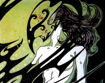 Nude Masked Woman ~ Black Fire ~ Charcoal Drawing ~ Gothic Illustration ~ DARK FANTASY ~ Fine Art Print ~ wall decor