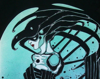 Female Demon ~ Black helm ~ Charcoal Drawing ~ Gothic Illustration ~ DARK FANTASY ~ Fine Art Print ~ wall decor