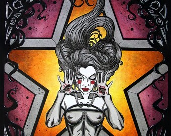 Woman ~Purple & Orange ~ Carnival Star ~ Inked Watercolor ~ Gothic Illustration ~ DARK FANTASY ~ Fine Art Print ~ wall decor