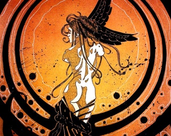 Semi nude ~ Female Angel ~ Black Wings ~ Headdress and Robes ~ Charcoal Drawing ~ Gothic Illustration ~ DARK FANTASY ~ Fine Art Print