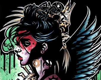 Tribal Woman ~ Fish Bones ~ Spiders ~ Teal Wings ~ Occult ~ Inked Watercolor ~ Gothic Illustration ~ DARK FANTASY ~ Fine Art Print