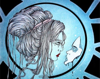 Medieval Woman ~ Floating Spirit~ Haunted Mask ~ Gothic Illustration ~ Charcoal Drawing ~ DARK FANTASY ~ Fine Art Print ~ wall decor