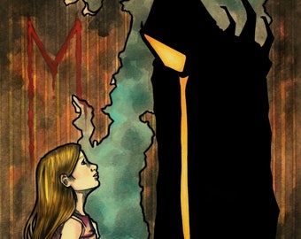 Little Girl ~ Demon friend ~ Pink Dress ~ Black Robes ~ Inked Watercolor ~ Gothic Illustration ~ DARK FANTASY ~ Fine Art Print ~ wall decor