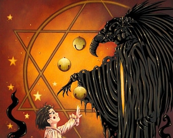 Bird Demon ~ Monster ~ Small Boy ~ Bells ~ Pentagram ~ Acrylic Painting ~ Gothic Illustration ~ DARK FANTASY ~ Fine Art Print ~ wall decor