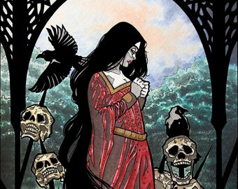 Noble Woman ~ Crows and skulls ~ Courtyard ~ Garden ~ Medieval ~ Inked Watercolor ~ Gothic Illustration ~ DARK FANTASY ~ Fine Art Print