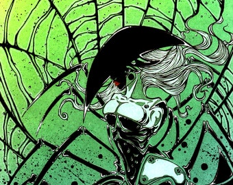 Beautiful Woman ~ Black Dress ~ Spider Webs ~ Charcoal Drawing ~ Gothic Illustration ~ DARK FANTASY ~ Fine Art Print ~ wall decor