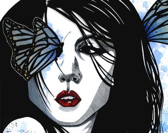 Beautiful Woman ~ Portrait ~ Blue Butterflies ~ Inked Watercolor ~ Gothic Illustration ~ DARK FANTASY ~Fine Art Print ~ wall decor