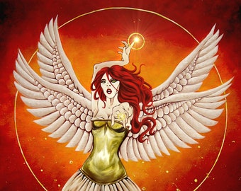 Female Angel ~ Dual Wings ~ Gold Corset ~ Acrylic Painting ~ Gothic Illustration ~ DARK FANTASY ~ Fine Art Print ~ wall decor