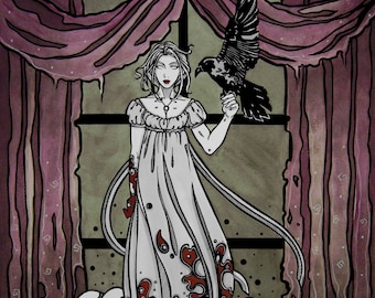 Victorian Lenore and Raven ~ Skulls ~ Purple Curtains ~ Edgar Allan Poe ~ Inked Watercolor ~ Gothic Illustration ~ DARK FANTASY ~ wall decor