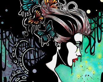 Female Portrait ~ Butterflies ~ Octopus Arms ~  Gothic Illustration ~ Inked Watercolor ~ DARK FANTASY ~ Fine Art Print ~ wall decor