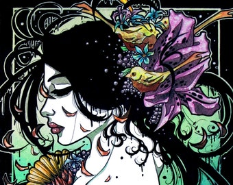 Woman ~ Portrait ~ Colorful Flowers ~ Birds ~  Inked Watercolor ~ Gothic Illustration ~ DARK FANTASY ~ Fine Art Print ~ wall decor