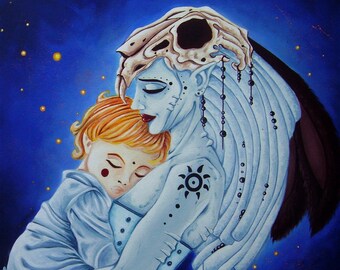 Good Fairy ~ Rabbit Skull Headdress ~ Sleeping Child ~ Acrylic Painting ~ Gothic Illustration ~ DARK FANTASY ~ Fine Art Print ~ wall decor