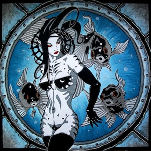 May include: A black and white illustration of a woman with long black hair and a fishtail. She is wearing a black and white outfit and has a skeletal design on her body. The background is a blue and white watercolor wash with three fish.