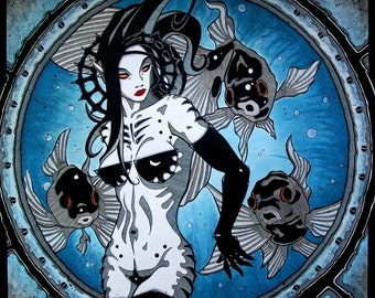 Elf Woman ~ Black Moor Fish ~ Tank ~ Cistern ~ Inked Watercolor ~ Gothic Illustration ~ DARK FANTASY ~ Fine Art Print ~ wall decor
