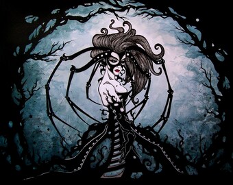 Masked Woman ~ Spider Headdress ~ Bog ~ Swamp ~ Inked Watercolor ~ Gothic Illustration ~ DARK FANTASY ~ Fine Art Print ~ wall decor