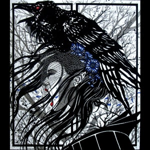 Screaming Woman ~ Raven ~ Blue Flowers ~ Inked Watercolor ~ Gothic Illustration ~ DARK FANTASY ~ Fine Art Print ~ wall decor