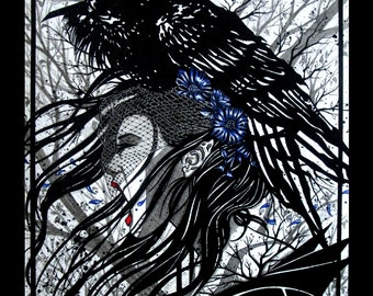 Screaming Woman ~ Raven ~ Blue Flowers ~ Inked Watercolor ~ Gothic Illustration ~ DARK FANTASY ~ Fine Art Print ~ wall decor