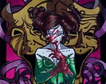 Female Thespian ~ Gold Theater Masks ~ Purple Ribbons ~ Gothic Illustration ~ DARK FANTASY ~ Fine Art Print ~ wall decor